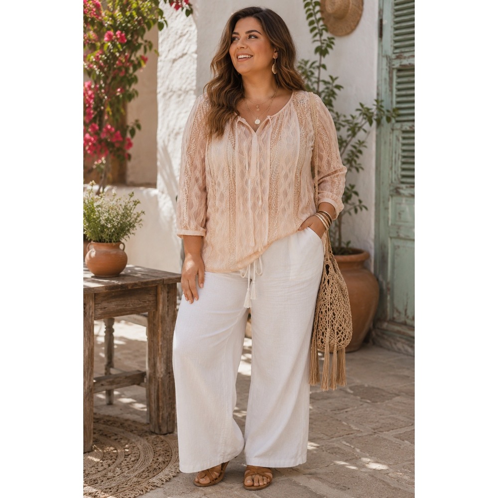 Boho Shimmer Cream Lace Textured‎ Coquette Glam Peasant Festival Neutral 1X Top